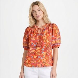 Rachel Roy red boho Floral Blouse size large with tassels